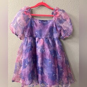 Pokémon Purple and Pink Sheer Puff Sleeve Dress. Girls size Large